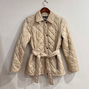 Brooks Brothers 346 Quilted Jacket Women 10 Beige Belted Plaid Lined Preppy Chic
